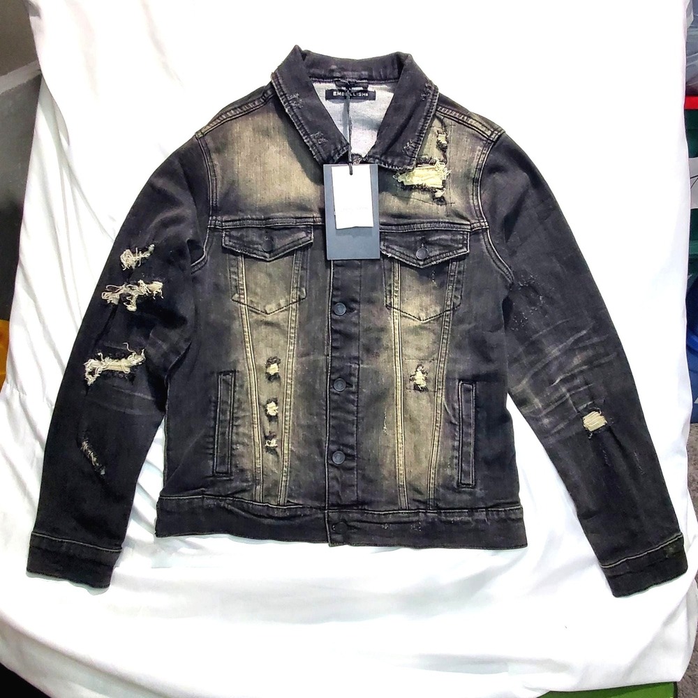 Embellish‎ Designer Distressed Black Denim Jacket Mens Medium Casual Button-Up